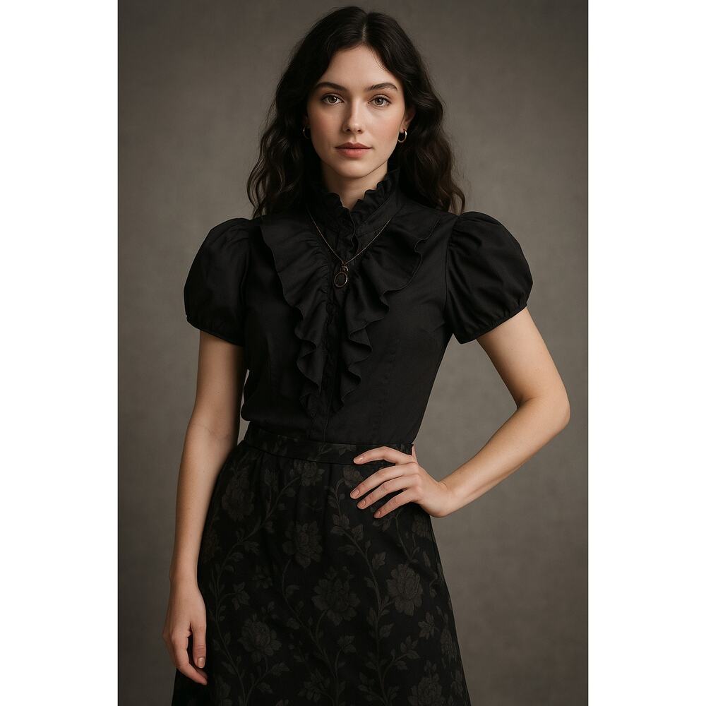 Elie Tahari Black Ruffle Victorian Blouse Small Romantic Whimsygoth Regency